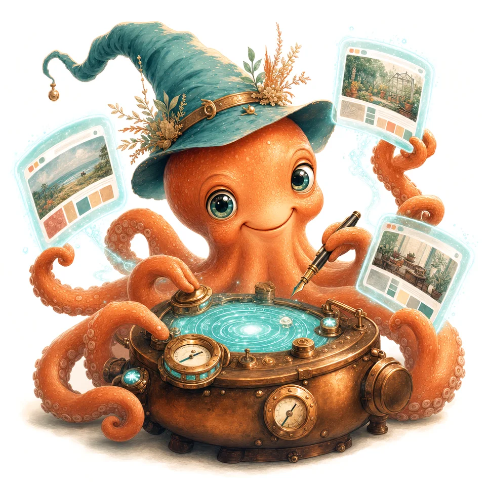 Inky, the InkySites octopus, running a glowing console that keeps small-business websites live