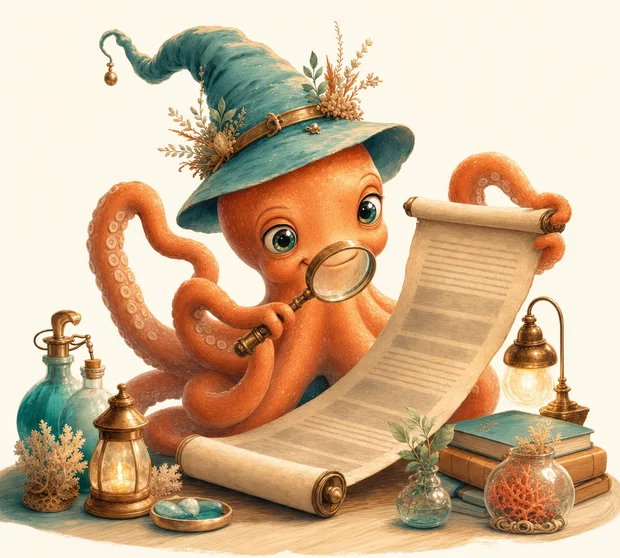 Inky reading one line of a long parchment closely through a brass-rimmed lens